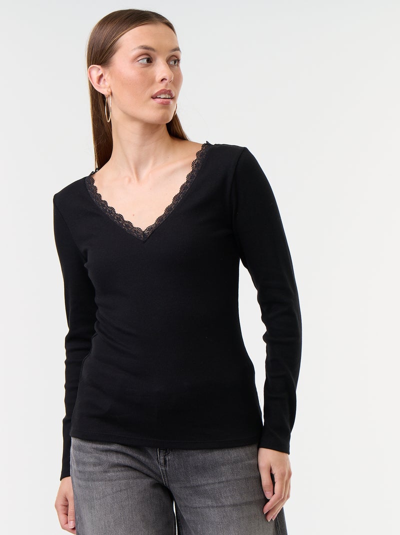 Camiseta de canalé con encaje en el cuello Negro - Kiabi