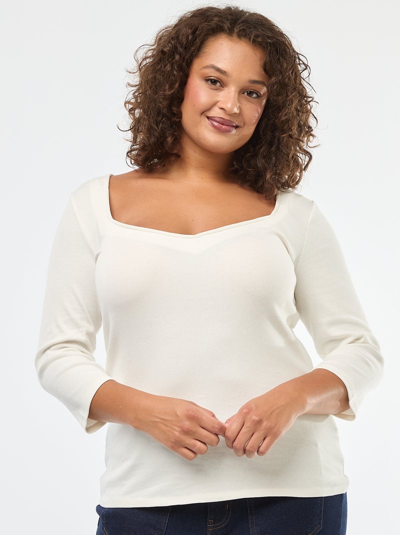 Camiseta de canalé con escote amplio Blanco - Kiabi