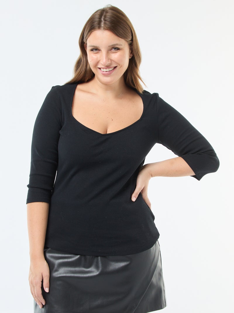 Camiseta de canalé con escote amplio Negro - Kiabi