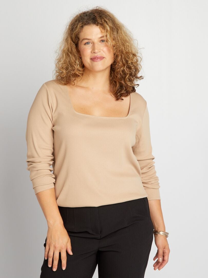 Camiseta de canalé con escote cuadrado BEIGE - Kiabi