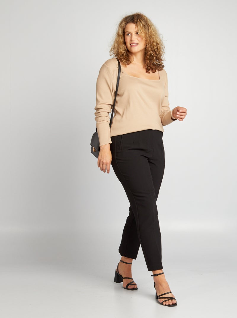 Camiseta de canalé con escote cuadrado BEIGE - Kiabi