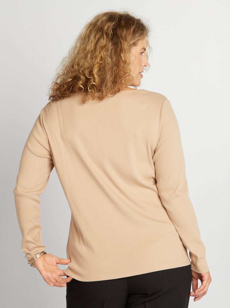 Camiseta de canalé con escote cuadrado BEIGE - Kiabi
