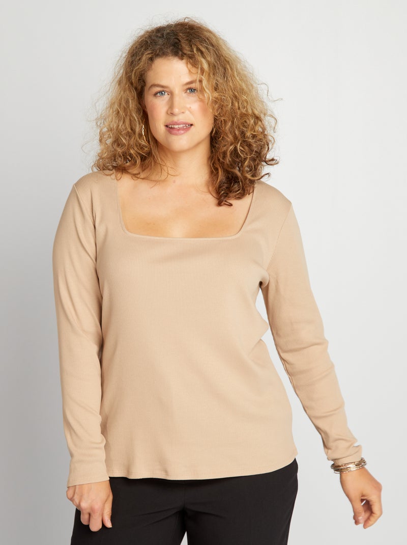 Camiseta de canalé con escote cuadrado BEIGE - Kiabi