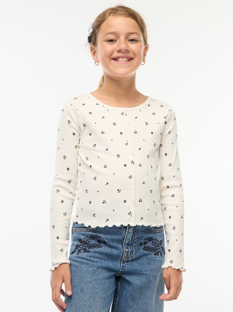 Camiseta de canalé con flores Beige - Kiabi