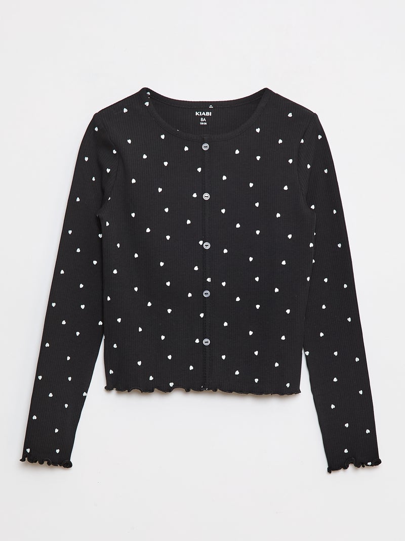 Camiseta de canalé con flores Negro - Kiabi
