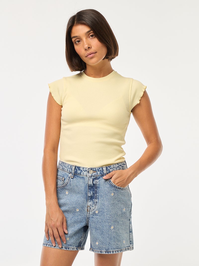 Camiseta de canalé con mangas con volantes Amarillo - Kiabi