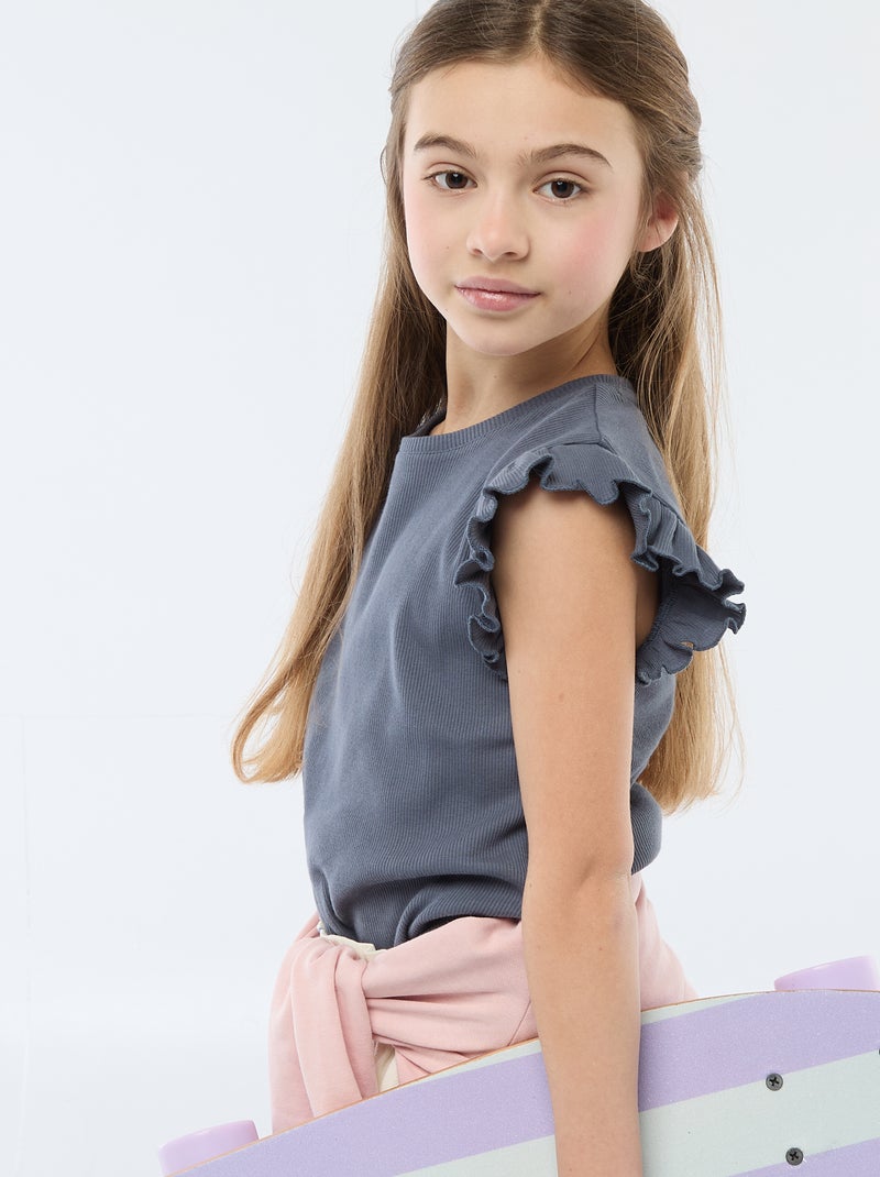 Camiseta de canalé con mangas con volantes Gris - Kiabi