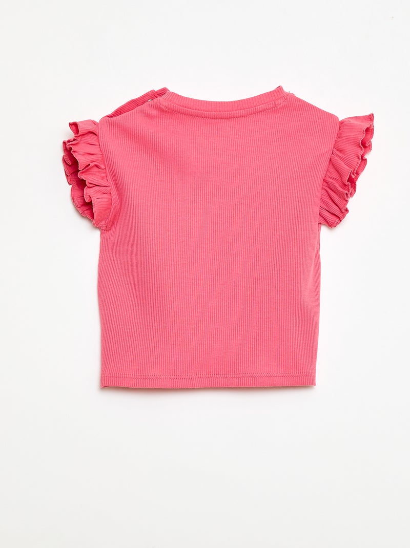 Camiseta de canalé con mangas cortas con volantes Rosa - Kiabi