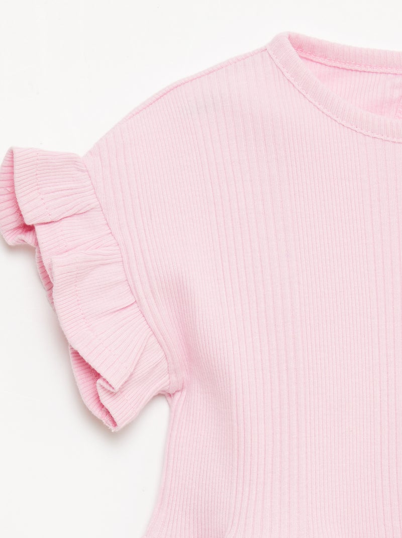 Camiseta de canalé con volantes en los bordes Rosa - Kiabi