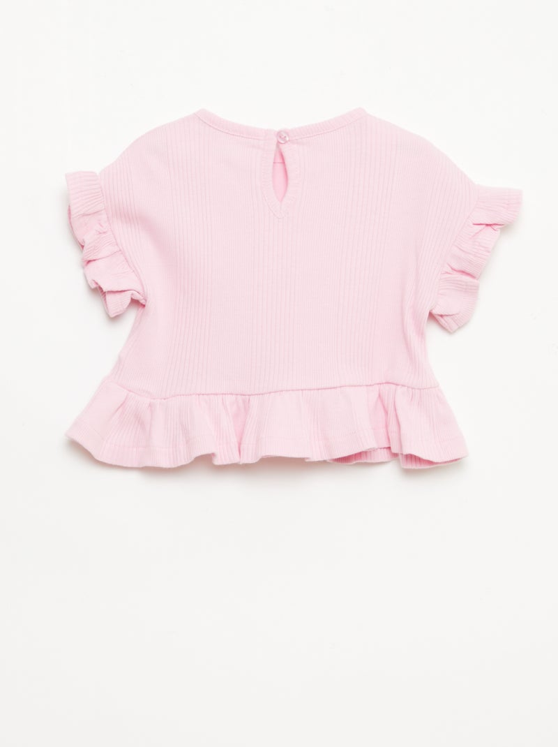 Camiseta de canalé con volantes en los bordes Rosa - Kiabi