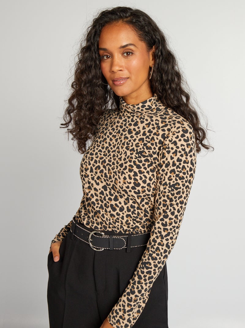 Camiseta de canalé de cuello vuelto BEIGE - Kiabi