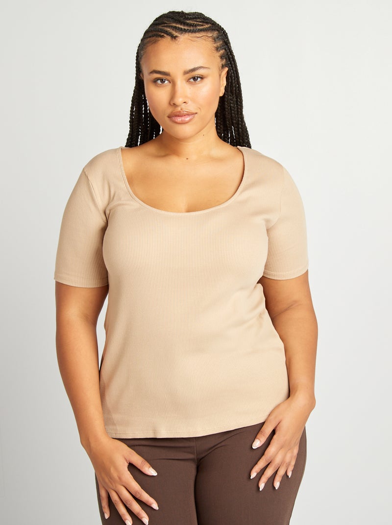 Camiseta de canalé de manga corta BEIGE - Kiabi