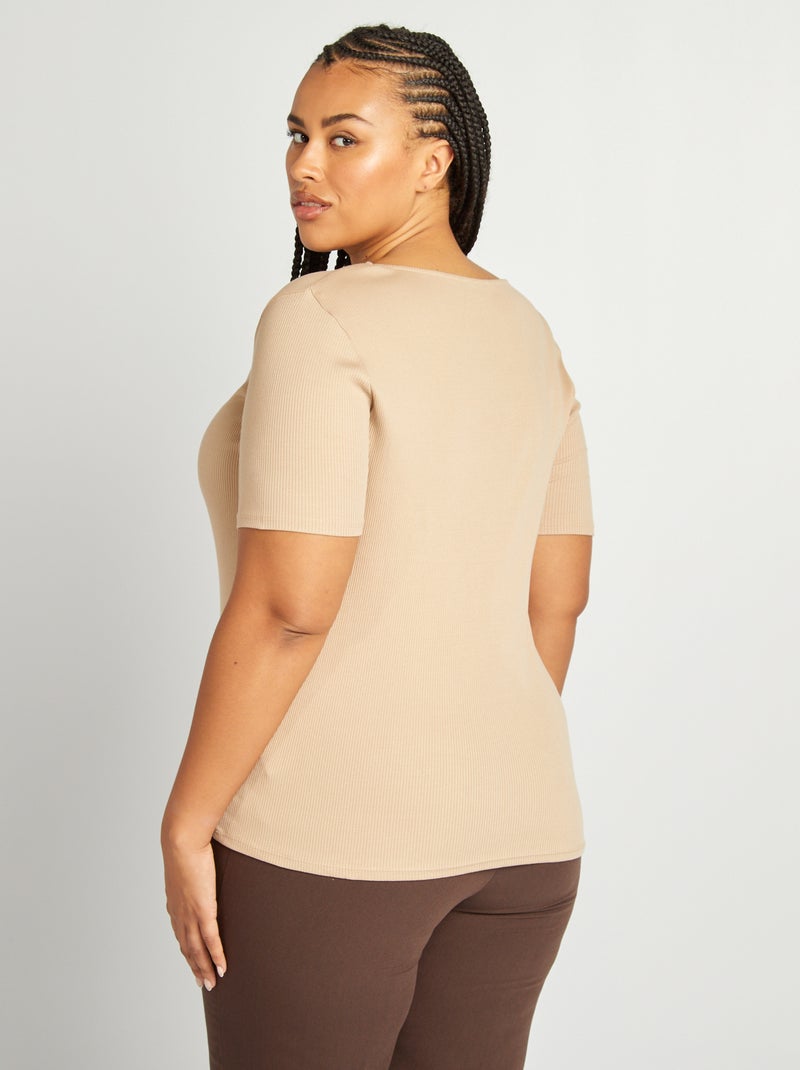 Camiseta de canalé de manga corta BEIGE - Kiabi