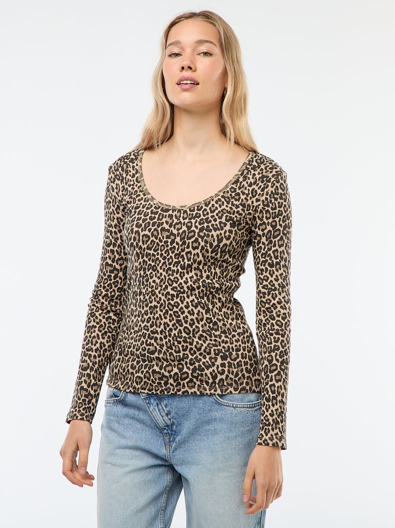 Camiseta de canalé de manga larga Beige - Kiabi