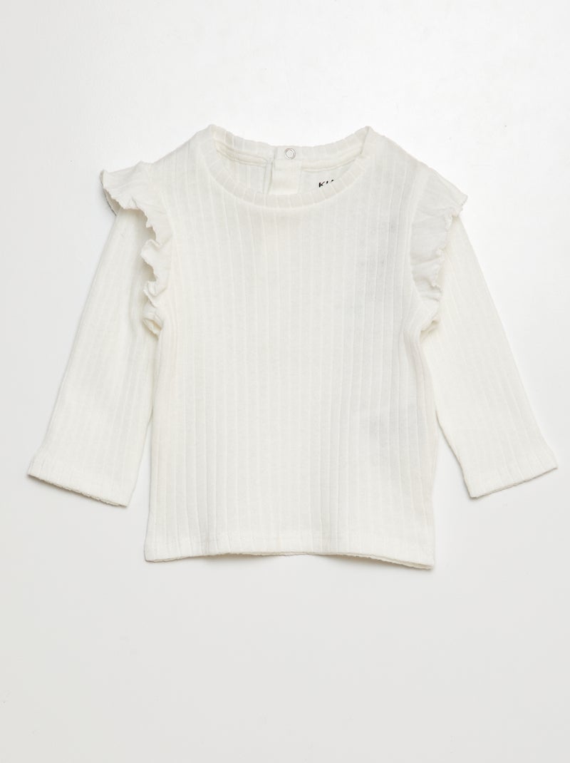 Camiseta de canalé de manga larga con volantes en las sisas BLANCO - Kiabi