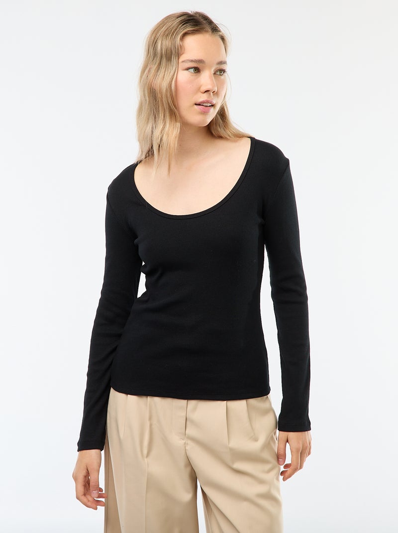 Camiseta de canalé de manga larga Negro - Kiabi