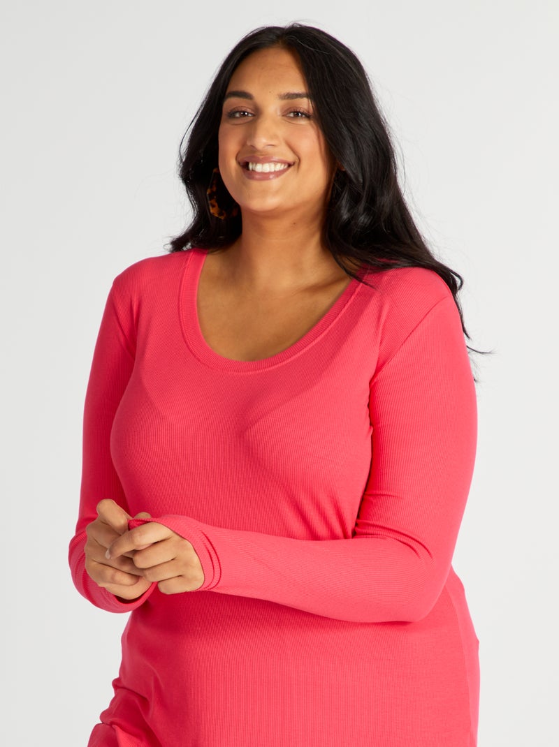 Camiseta de canalé vaporosa con cuello amplio Rosa - Kiabi