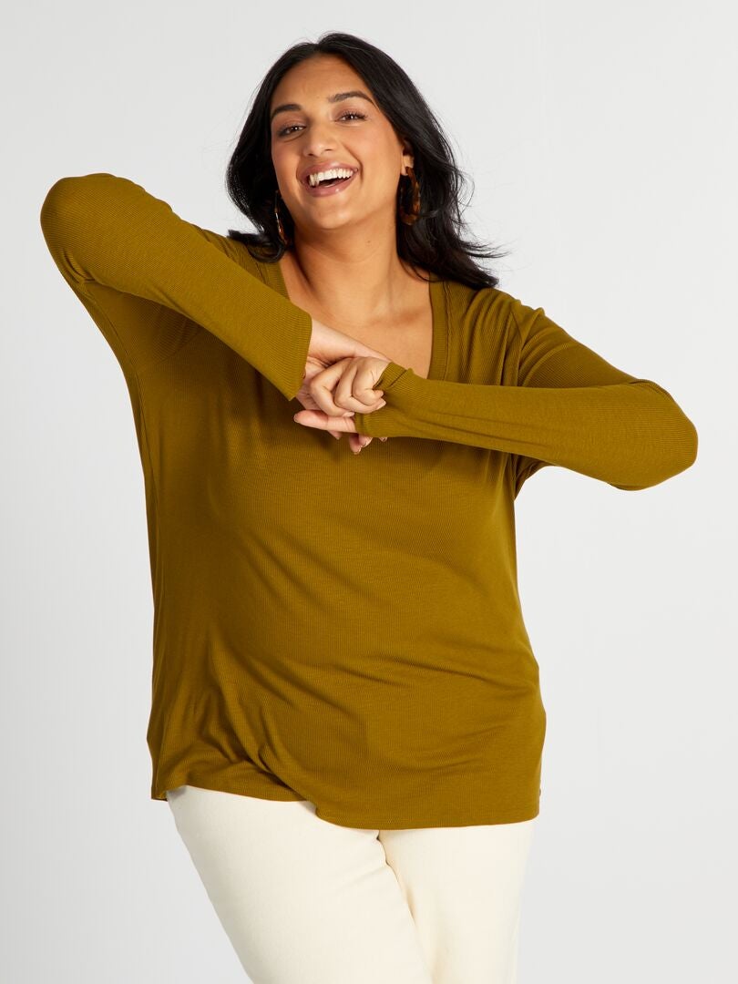 Camiseta de canalé vaporosa con cuello amplio VERDE - Kiabi