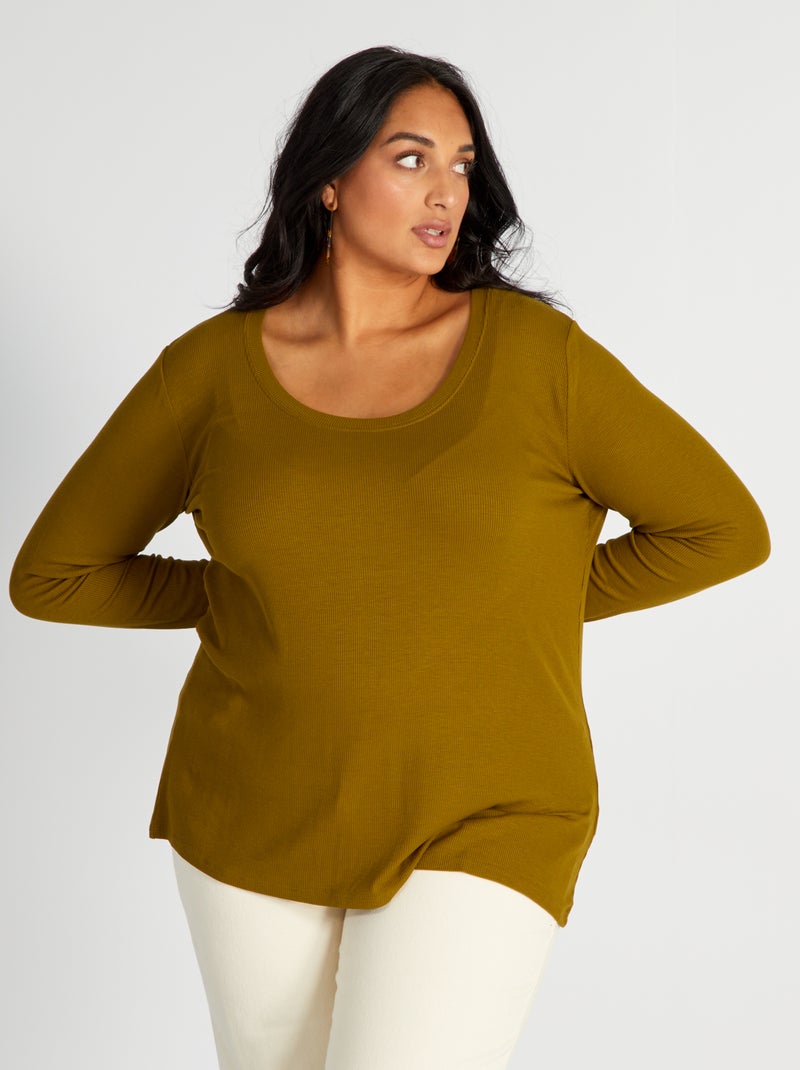 Camiseta de canalé vaporosa con cuello amplio VERDE - Kiabi