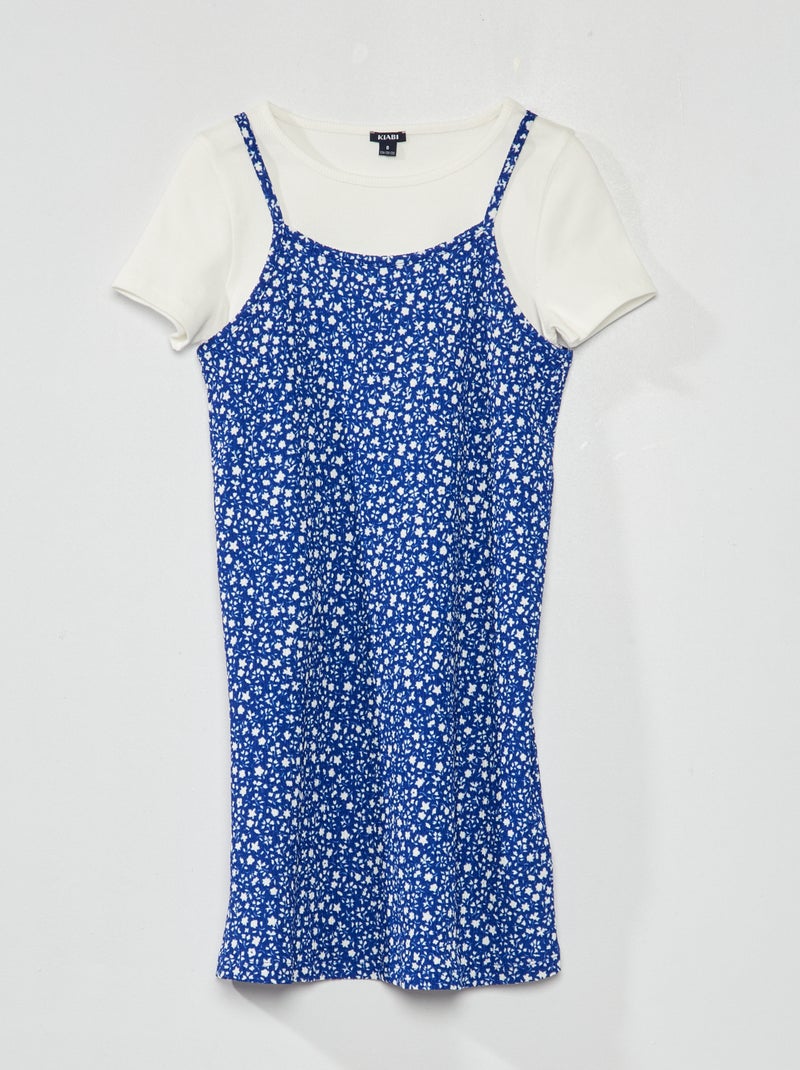 Camiseta de canalé + vestido de flores 2 piezas AZUL - Kiabi