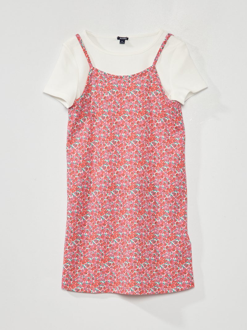 Camiseta de canalé + vestido de flores 2 piezas ROSA - Kiabi