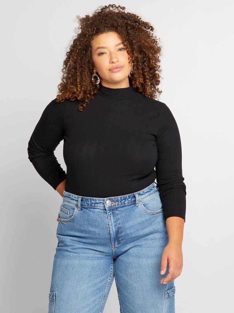 Camiseta de cuello alto de canalé negro - Kiabi
