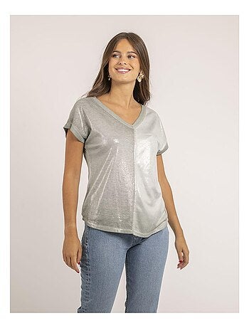 Camiseta de cuello en V de dos materiales FAZZY