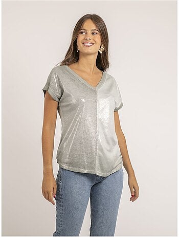 Camiseta de cuello en V de dos materiales FAZZY