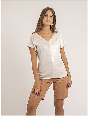 Camiseta de cuello en V de dos materiales FAZZY