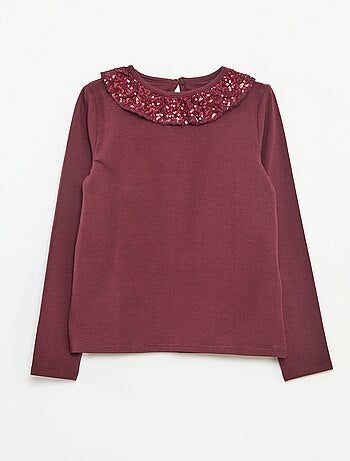 Camiseta de cuello grande con volante y lentejuelas lisa