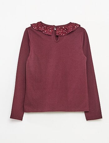 Camiseta de cuello grande con volante y lentejuelas lisa