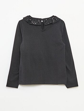 Camiseta de cuello grande con volante y lentejuelas lisa
