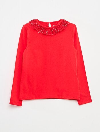 Camiseta de cuello grande con volante y lentejuelas lisa