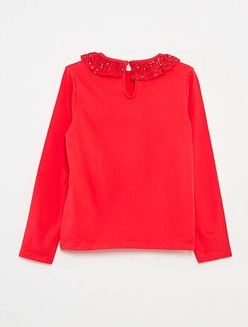 Camiseta de cuello grande con volante y lentejuelas lisa