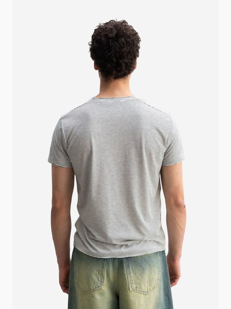 Camiseta de cuello redondo a rayas bordadas giesto Caqui - Kiabi