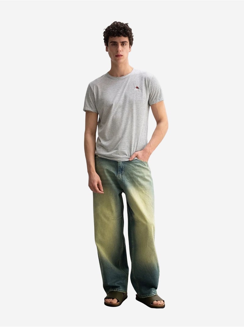 Camiseta de cuello redondo a rayas bordadas giesto Caqui - Kiabi