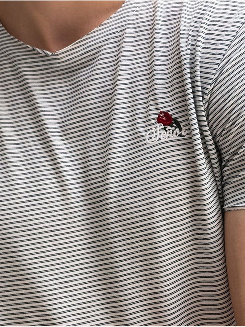 Camiseta de cuello redondo a rayas bordadas giesto Caqui - Kiabi