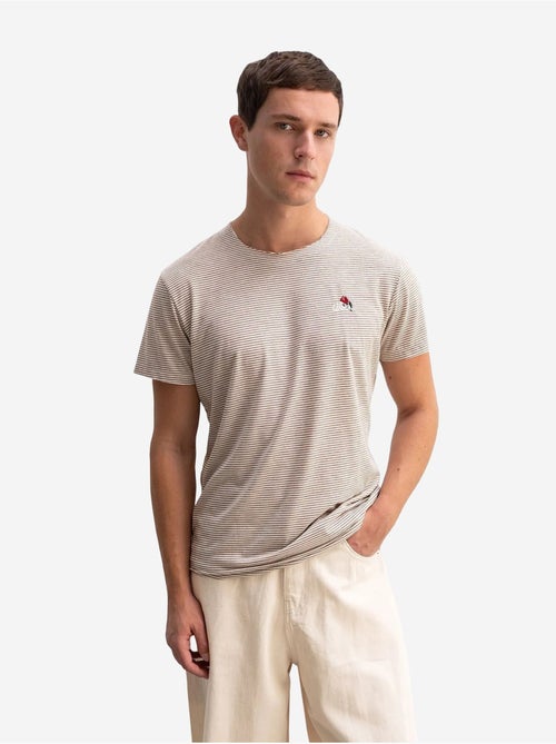 Camiseta de cuello redondo a rayas con bordado de giesto - Kiabi Camiseta de cuello redondo a rayas con bordado de giesto - Kiabi