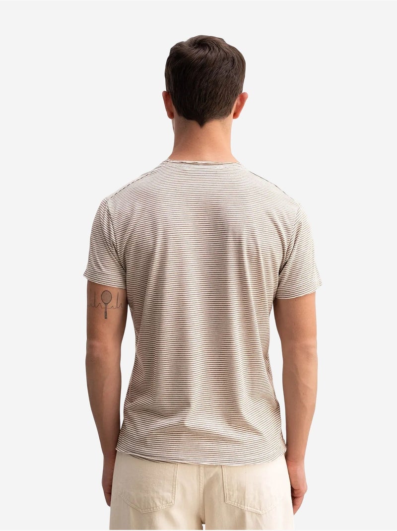 Camiseta de cuello redondo a rayas con bordado de giesto Marrón claro - Kiabi