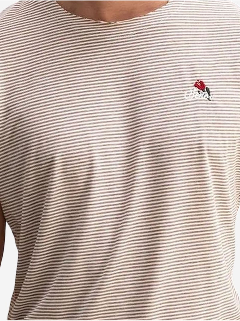 Camiseta de cuello redondo a rayas con bordado de giesto Marrón claro - Kiabi