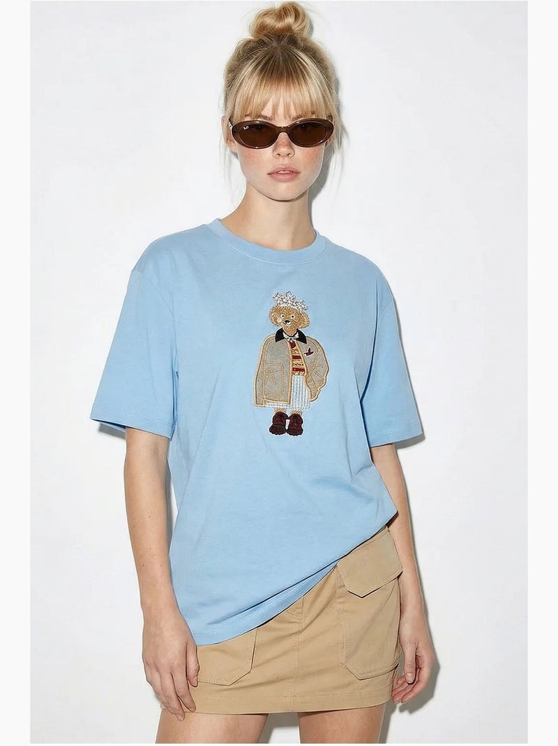 Camiseta de cuello redondo bordada de corte relajado lucci Azul cielo - Kiabi