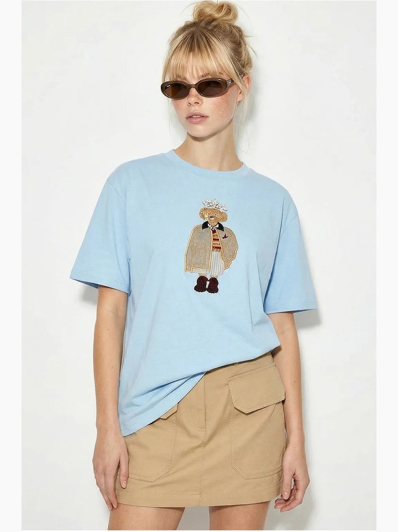 Camiseta de cuello redondo bordada de corte relajado lucci Azul cielo - Kiabi