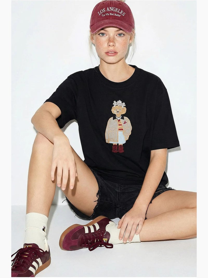 Camiseta de cuello redondo bordada de corte relajado lucci Negro - Kiabi
