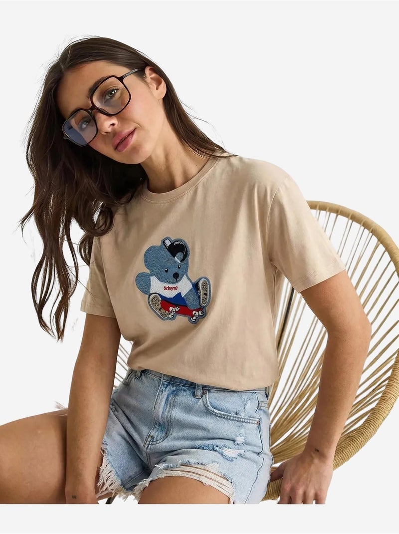 Camiseta de cuello redondo bordada lucci Beige arcilla - Kiabi