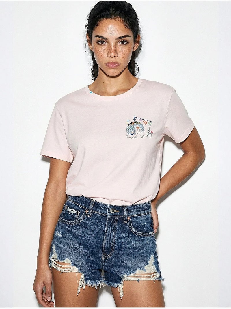 Camiseta de cuello redondo bordada lucci Rosa pálido - Kiabi