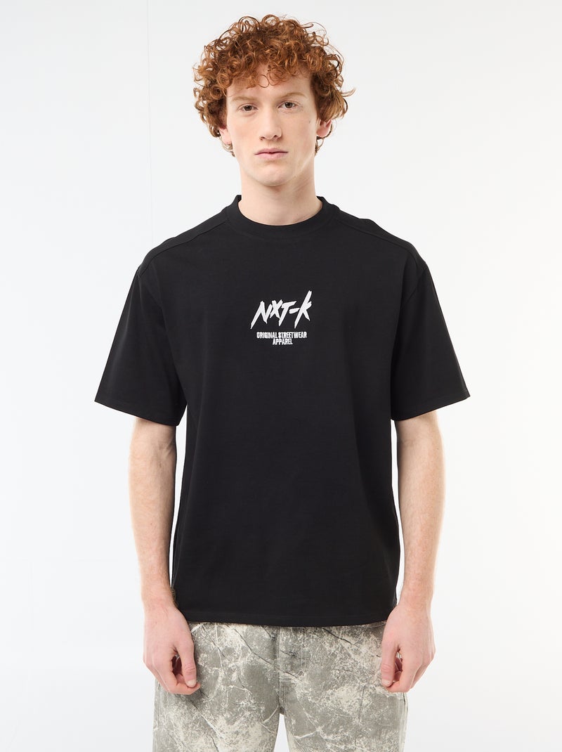 Camiseta de cuello redondo con bordado contrastante Negro - Kiabi