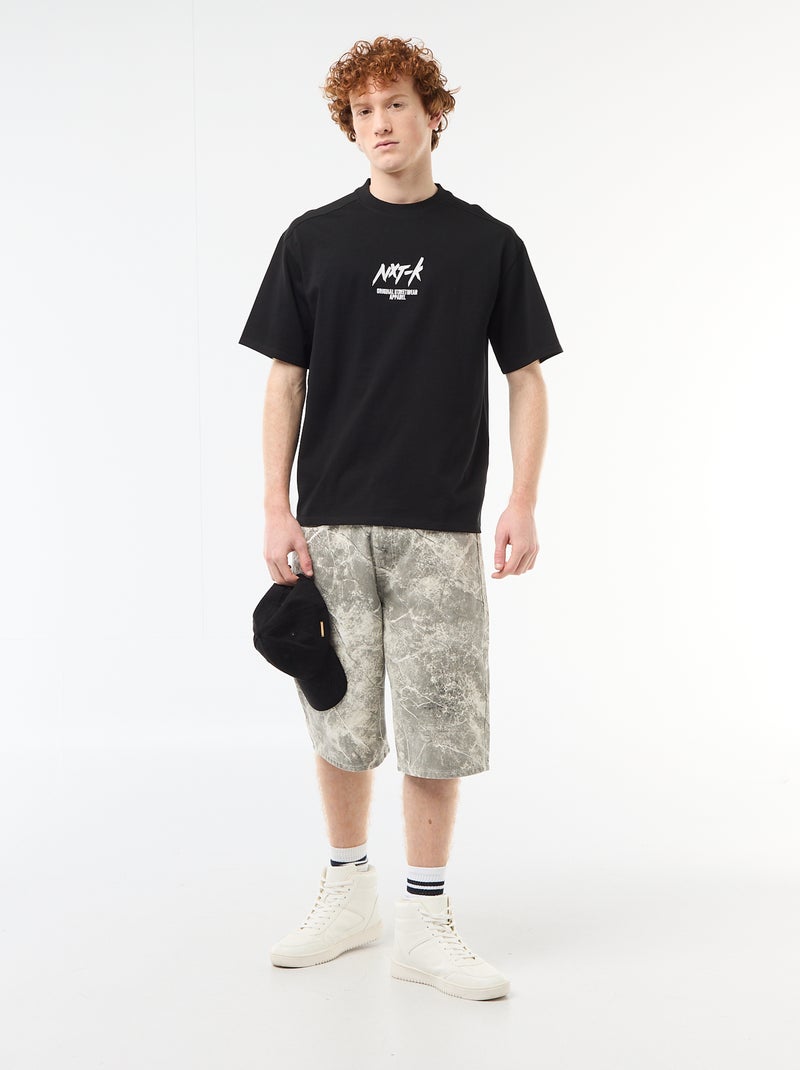 Camiseta de cuello redondo con bordado contrastante Negro - Kiabi