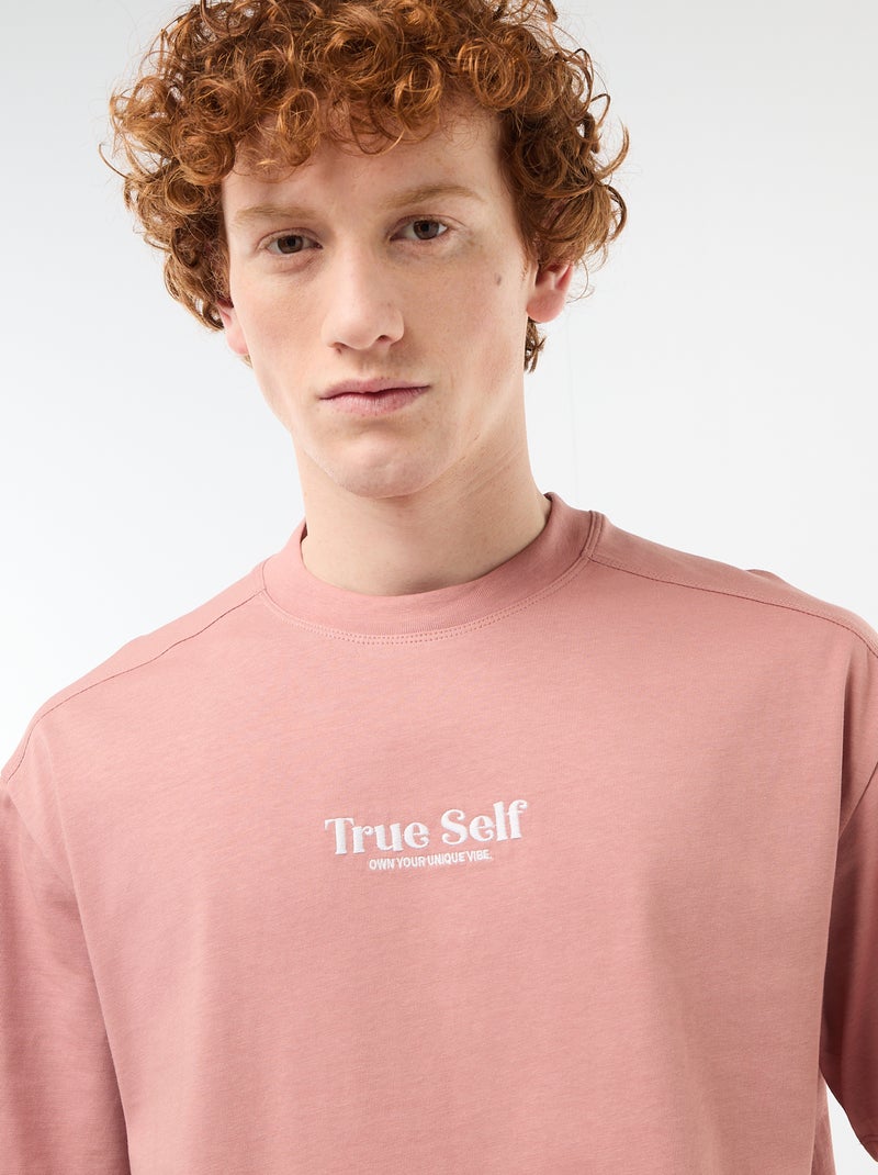 Camiseta de cuello redondo con bordado contrastante Rosa - Kiabi