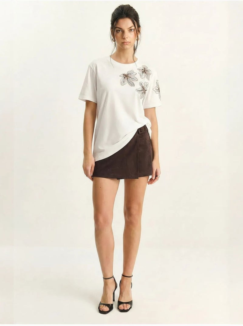 Camiseta de cuello redondo con bordado floral de lucci Blanco - Kiabi
