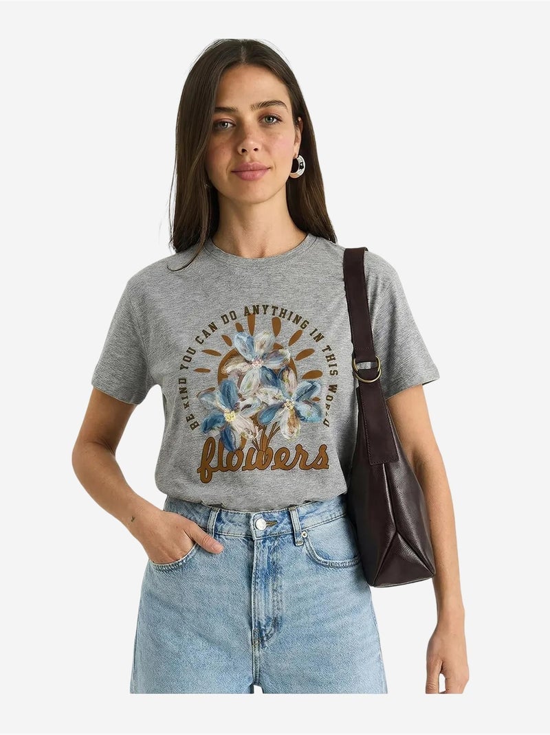 Camiseta de cuello redondo con bordado floral de lucci Gris - Kiabi